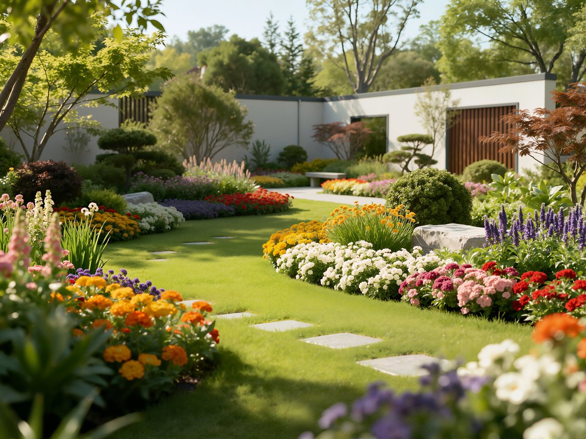 A 3D render of a beautiful contemporary garden featuring square stepping stones on lush green lawn, bordered by vibrant flowering beds