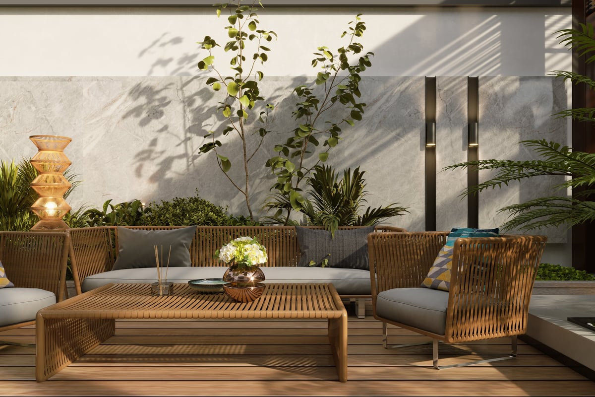 3d modeling and rendering of gazebo, pergola, seating area design A modern beautiful home terrace with pool, plants