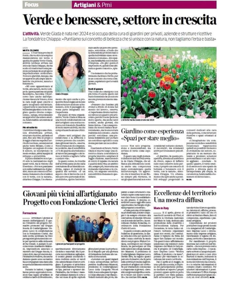 Italian newspaper article about sustainable gardening and green sector growth, featuring a womans portrait and colorful flower garden photo